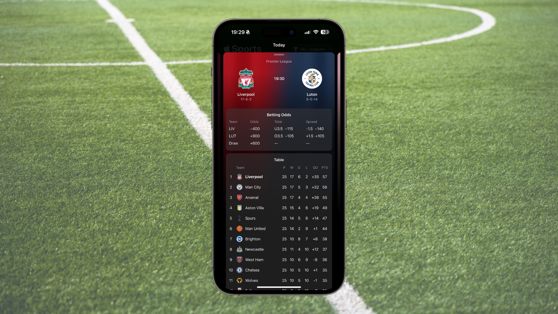 Apple Sports em uma moldura de iPhone 15 Pro Max com um campo de futebol como plano de fundo