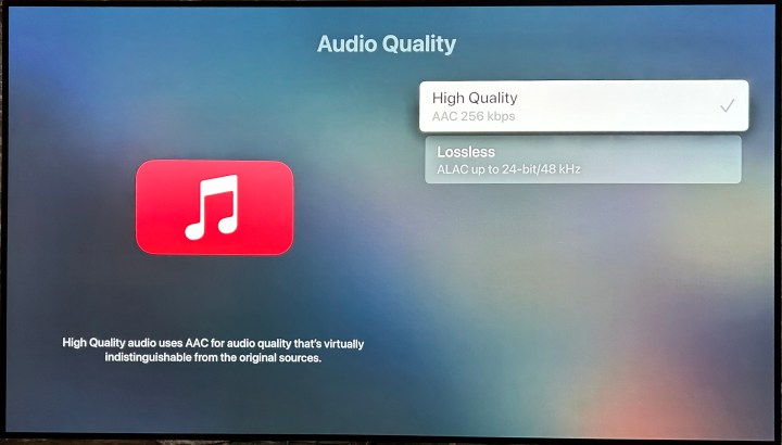 Apple TV 4K: configurações de qualidade de áudio do Apple Music.