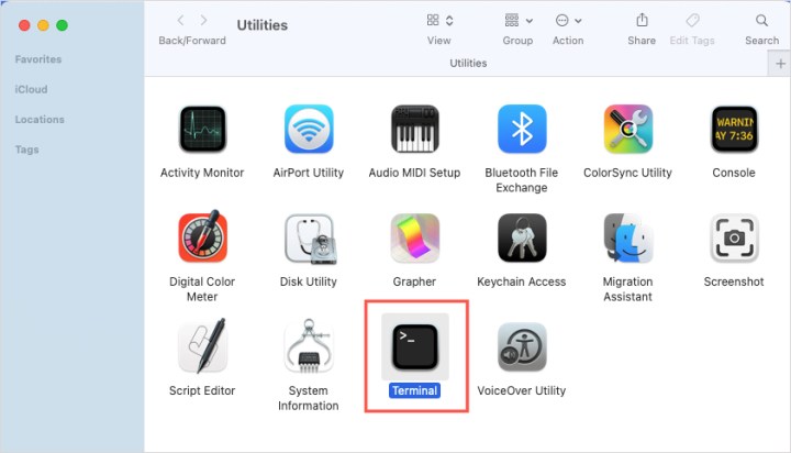 Terminal na pasta MacOS Utilities.
