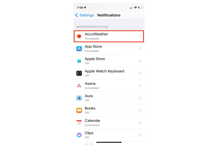 Configurações de notificação do iPhone para o aplicativo Accuweather.