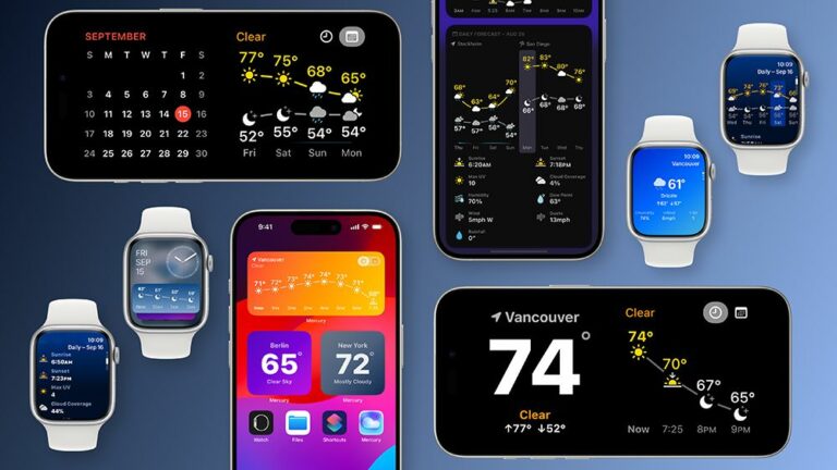 Screenshots of the Mercury Weather App on iPhones and Apple Watches.