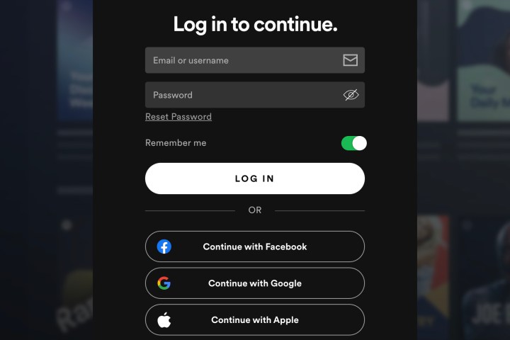 Opções de login do Spotify no aplicativo de desktop Mac.