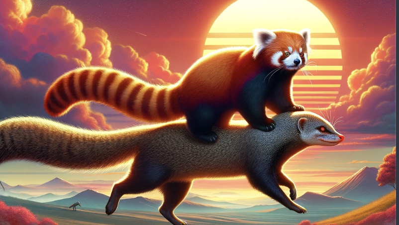 Um Dalle3 gerou a imagem de um panda vermelho cavalgando um mangusto ao pôr do sol.