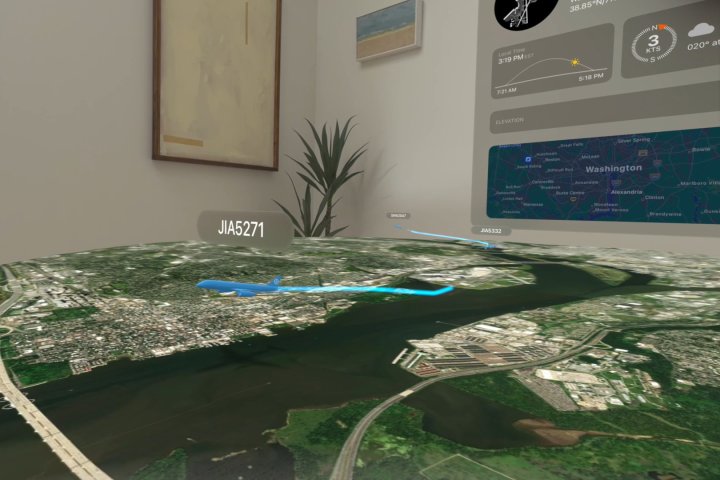 O Voyager no Vision Pro permite ver aeroportos em 3D em tempo real.