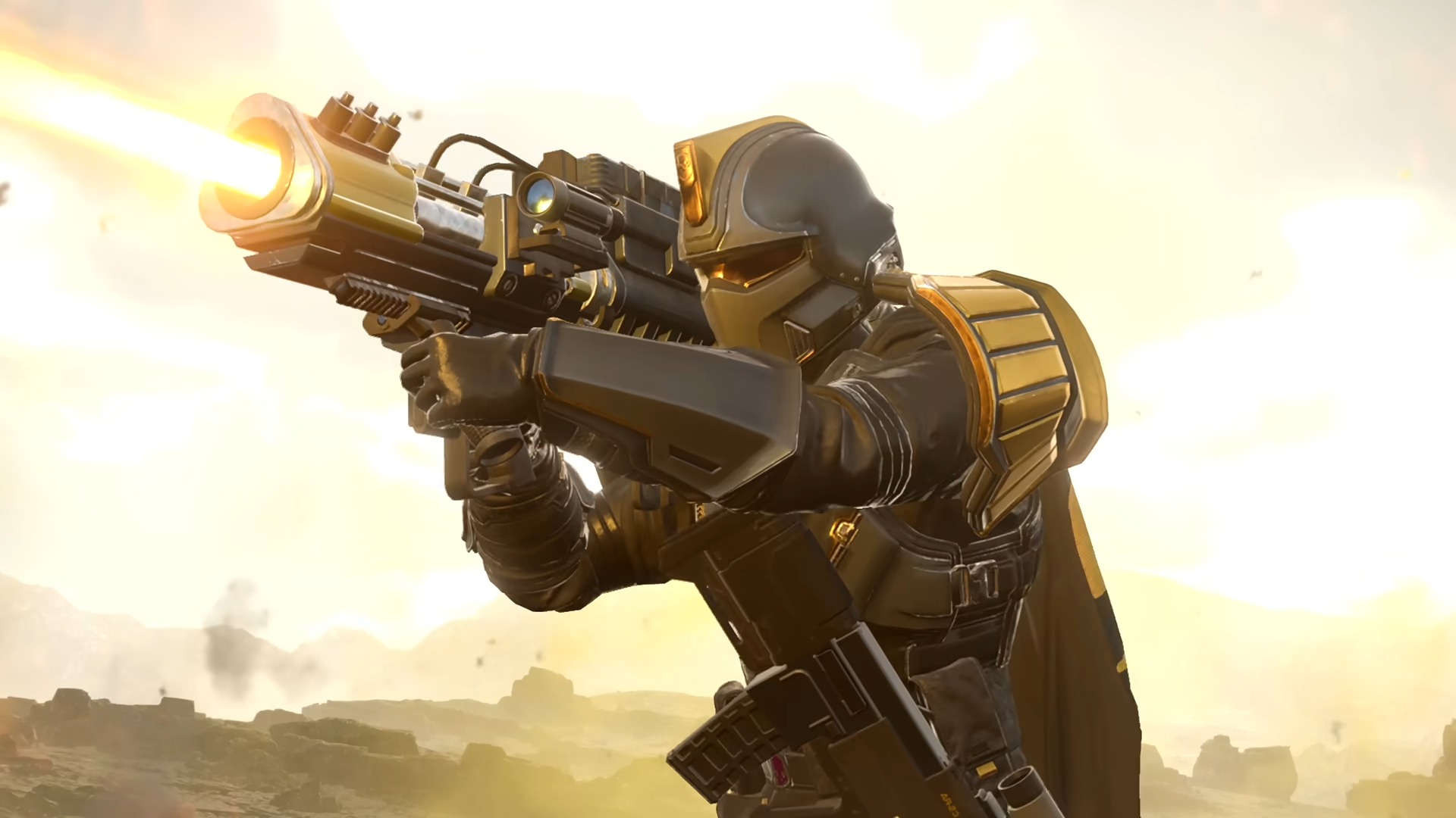 Um jogador do Helldivers 2 dispara um canhão laser.