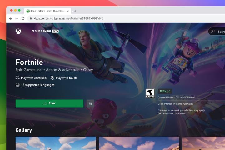 A página do Xbox Cloud Gaming em execução em um Mac, com a página do Fortnite sendo exibida.