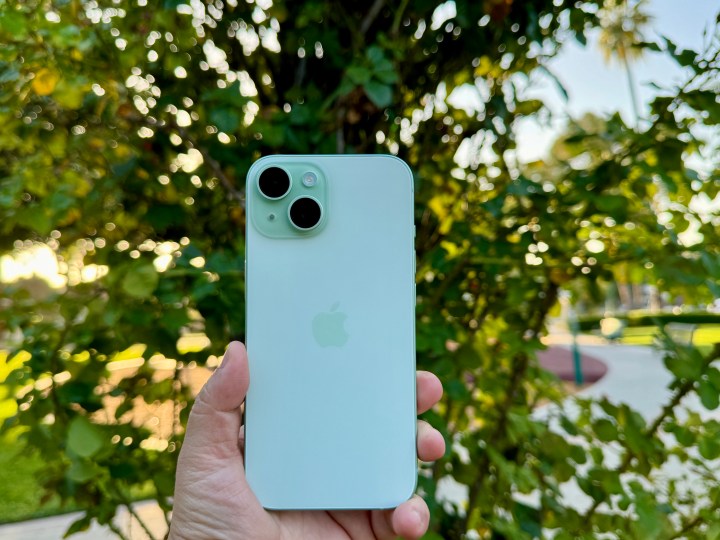 Um iPhone 15 verde na mão em frente à planta.