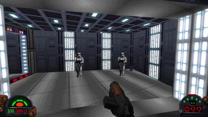 Conteúdo do nível de feira comercial em Star Wars: Dark Forces Remaster.