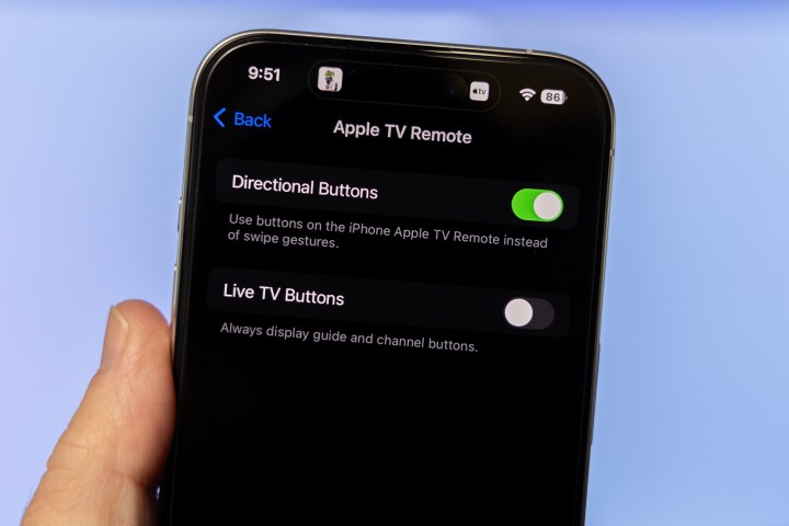 As configurações do aplicativo Apple TV Remote em um iPhone.