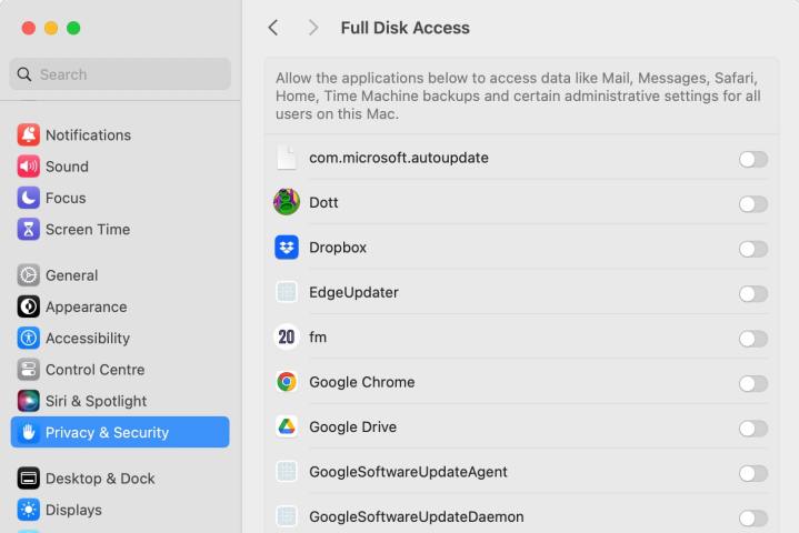 O menu Full Disk Access no aplicativo Configurações do sistema do macOS Sonoma.