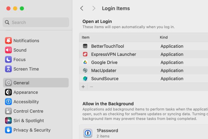 O menu Itens de login no aplicativo Configurações do sistema do macOS Sonoma.