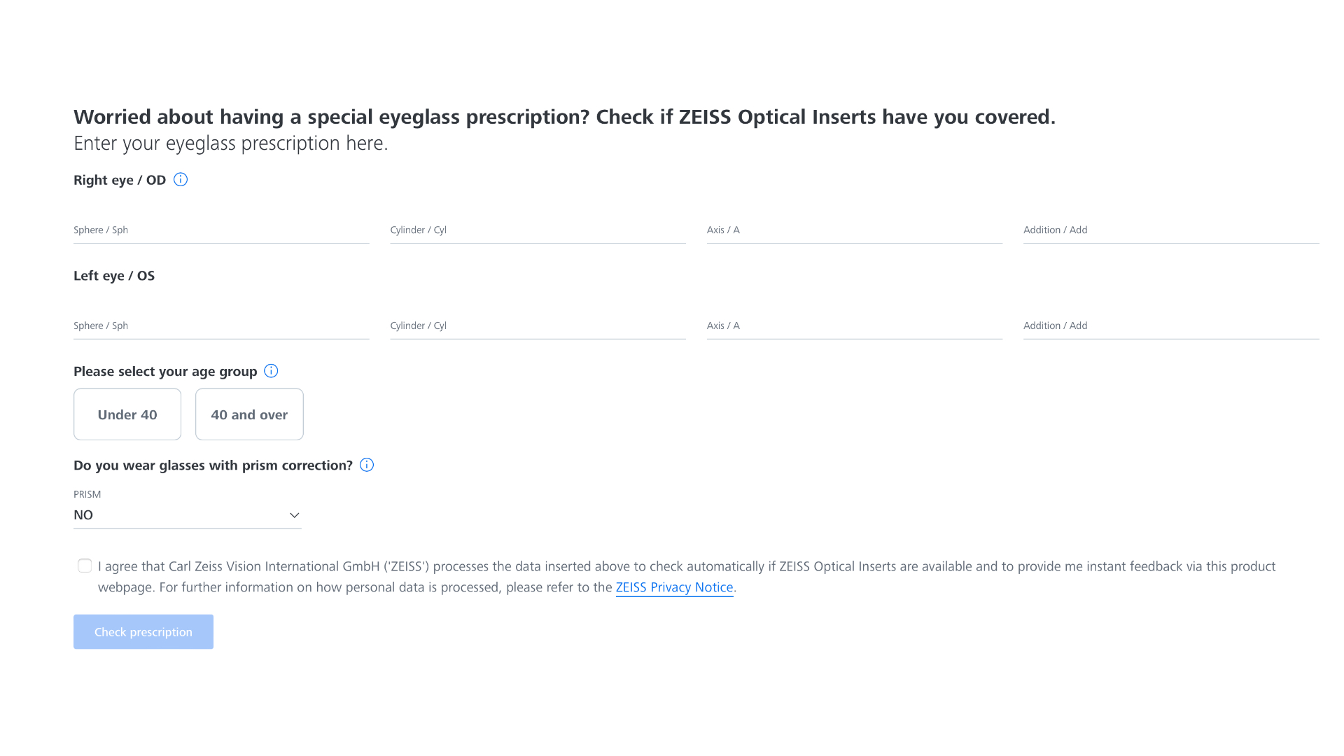 A página de verificação de prescrição para insertos ópticos Zeiss.