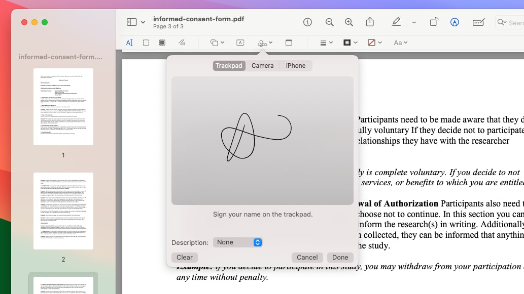 Assinar um documento PDF com uma assinatura criada usando um trackpad do Mac no macOS.
