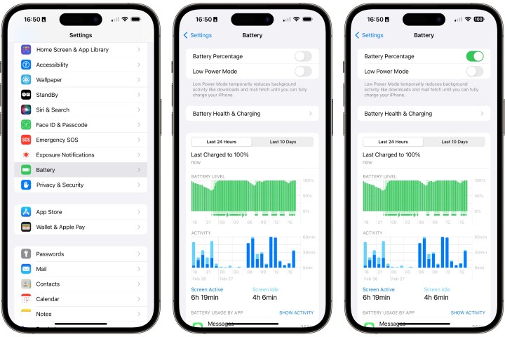 Três iPhones mostrando as etapas para ativar a porcentagem de bateria no aplicativo de configurações.