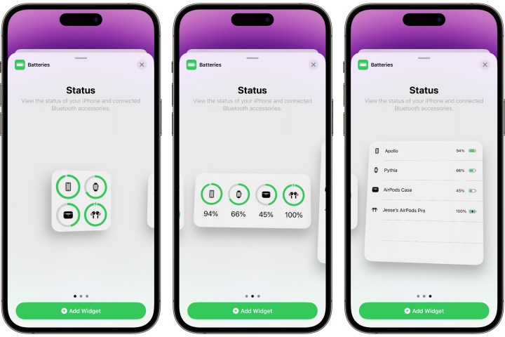 Três iPhones mostrando estilos de widgets de baterias na tela inicial no iOS 17.