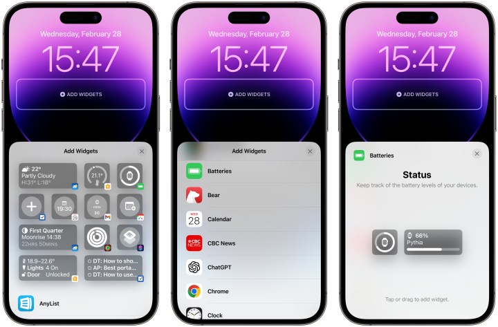 Três iPhones mostrando etapas para adicionar um novo widget à tela de bloqueio no iOS 17.