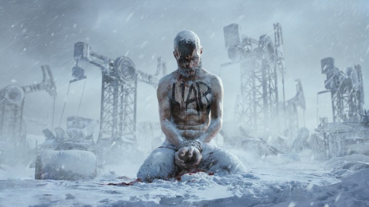 Um homem congelado com Mentiroso escrito no peito está sentado em frente a plataformas de petróleo em Frostpunk 2.