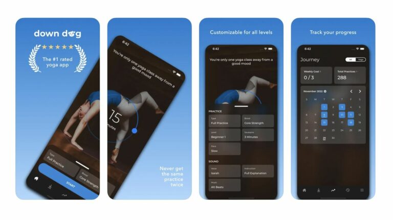 iPhone screenshots of the Yoga Down Dog app from the Apple App Store.