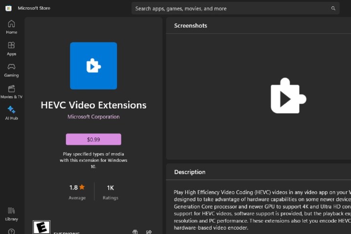 Listagem do aplicativo HEVC Video Extensions na Microsoft Store.