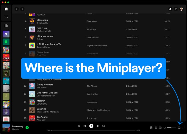 O Spotify Desktop Miniplayer mostrando onde está o ícone.