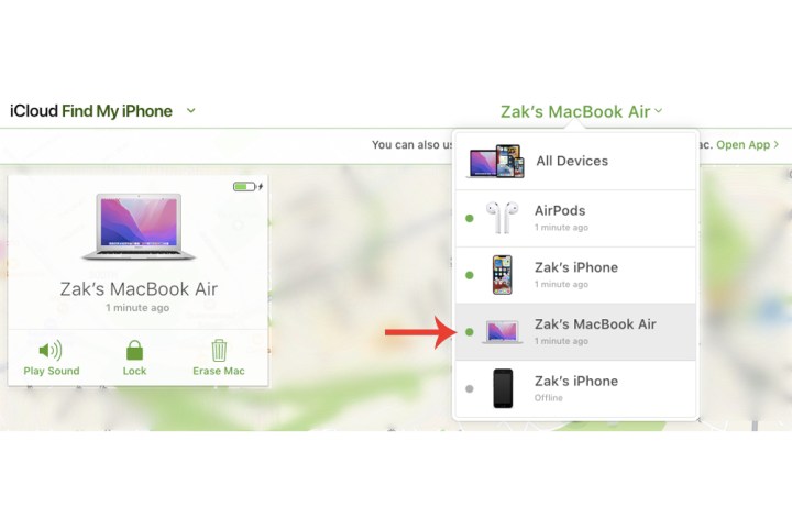 O recurso Find My para Find My Mac através do site iCloud da Apple.