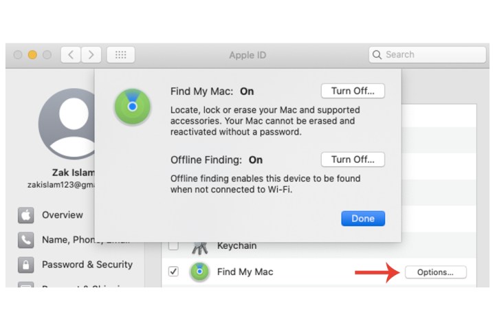 O recurso de localização offline para Find My Mac no Mac.