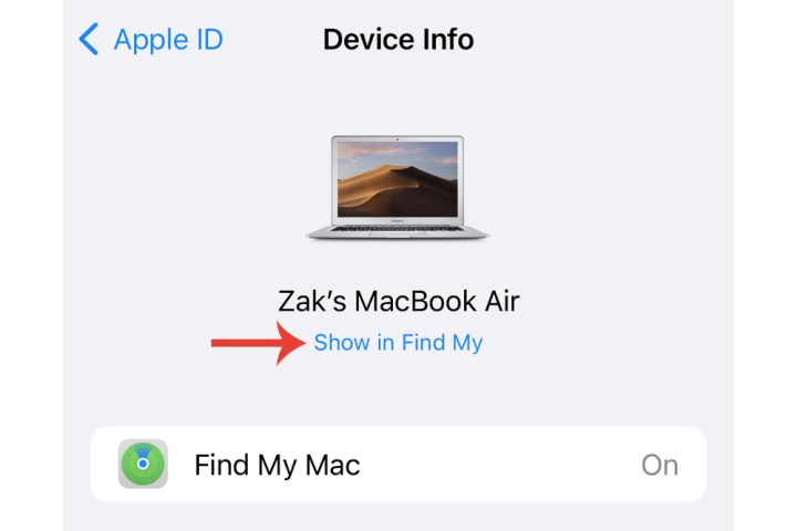 O botão Mostrar em Find My no iPhone.