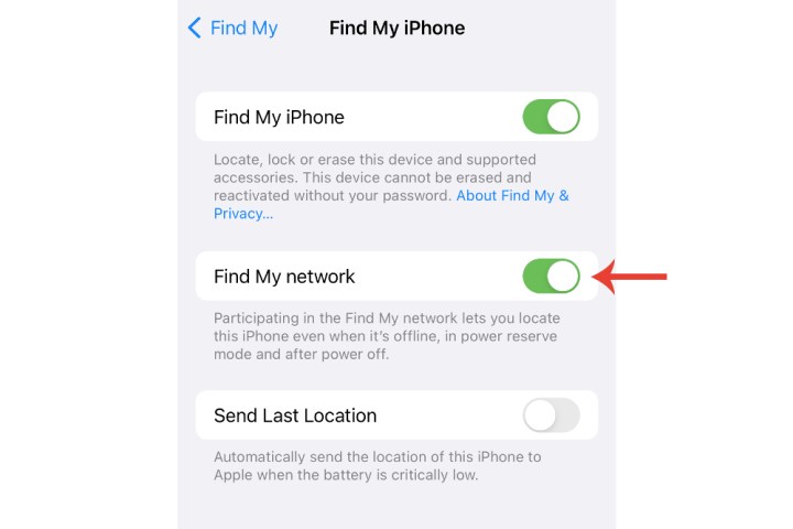 O botão Localizar minha rede no iPhone para ativar a função de pesquisa offline para dispositivos Apple perdidos.