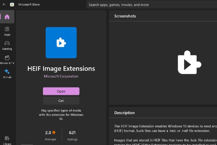 Listagem do aplicativo HEIF Image Extensions na Microsoft Store.