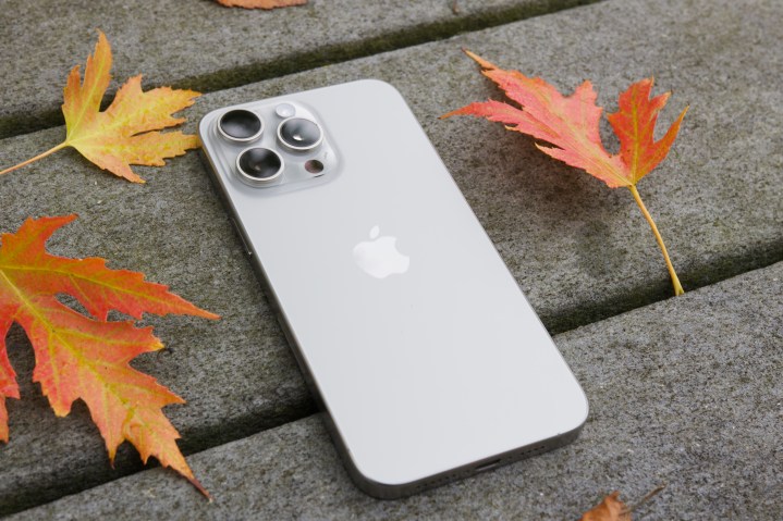 iPhone 15 Pro Max caído no chão cercado por folhas.